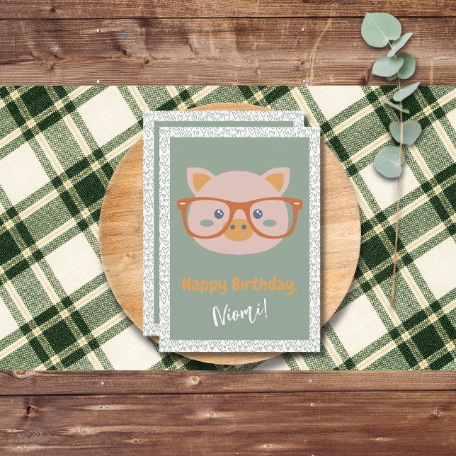 Geburtstag von Nutztieren Einladung (Farm Animal Pig Green Background Green Heart Border Pattern)