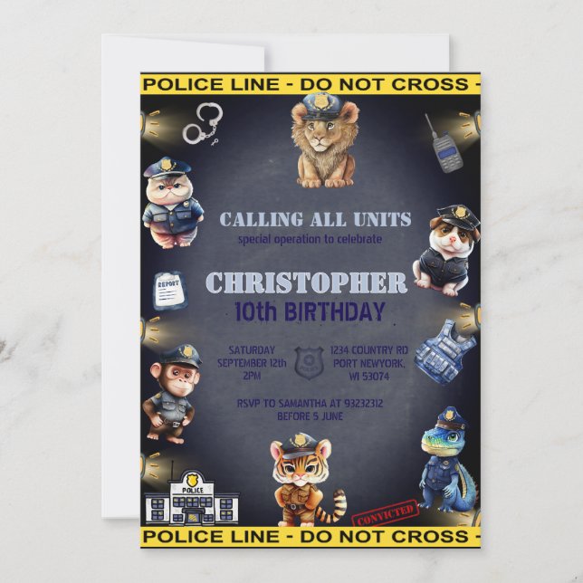 Geburtstag von Tieren in Polizei Uniform Einladung (Vorderseite)