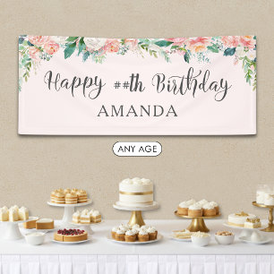 Geburtstag WASSERFARBE ROSAFARBEN BLUMEN JEDES ALT Banner