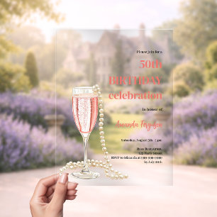 Geburtstag weiß rosa Prosecco Perlen klar Acryleinladungen