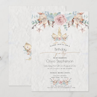 Geburtstag | Winter Woodland Floral Gold Unicorn Einladung