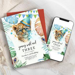 Geburtstag Young Wild & drei Safari-Tiere Einladung
