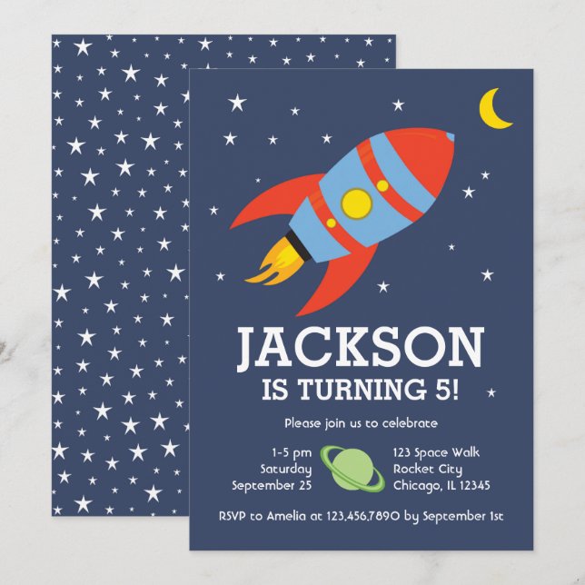 Geburtstag zum Thema "Raketen und Mond" Einladung (Vorne/Hinten)