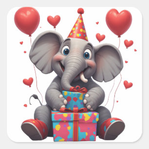 Geburtstags-Cartoon-Elefant mit Ballons 🐘 Quadratischer Aufkleber
