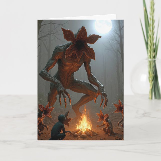 Geburtstags-Demogorgon-Kreaturen um ein Lagerfeuer Karte (Vorderseite)