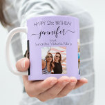Geburtstags-Foto-Freunde benennen Violett-Lavendel Kaffeetasse<br><div class="desc">Ein Geschenk von Freunden für den 21. Geburtstag einer Frau, die ihr Leben mit 3 Fotos von ihr, ihren Freunden, ihrer Familie, ihrem Interesse oder ihren Haustieren feiert. Personalisieren und fügen Sie ihren Namen, Alter 21 und Ihre Namen. Ein violetter, lavenderfarbener Hintergrund. Ihr Name ist mit einem modernen handgeschriebenen Stilskript...</div>