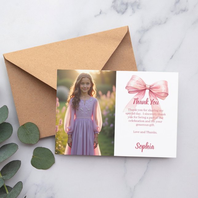 Geburtstags-Foto-Mädchen rosa Bogen weiß Dankeskarte (Von Creator hochgeladen)