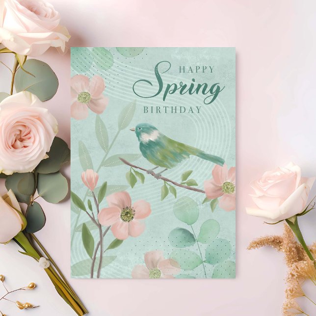 Geburtstags-Frühlingsblätter Blumen und Vogel  Karte (Von Creator hochgeladen)