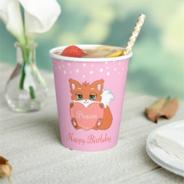 Geburtstags-Fuchs und Blumen auf Hellrosa Pappbecher