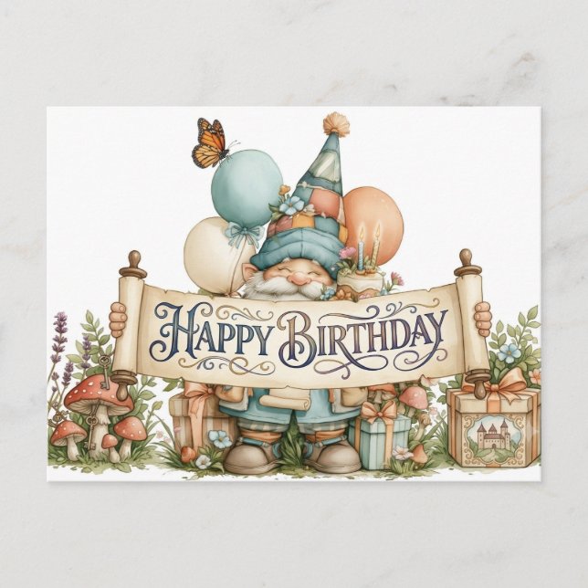 Geburtstags-Gnom-Illustration mit Ballons Postkarte (Vorderseite)