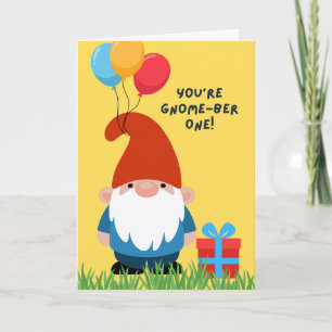Geburtstags-Gnom mit Ballons und Geschenken Karte