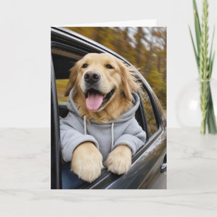 Geburtstags-Golden-Retriever beim Autofahren Karte
