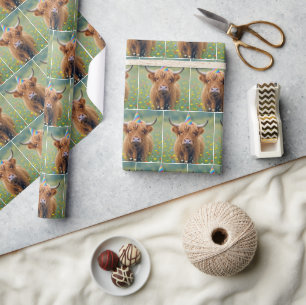 Geburtstags-Hochlandkuh mit Partyhut Geschenkpapier