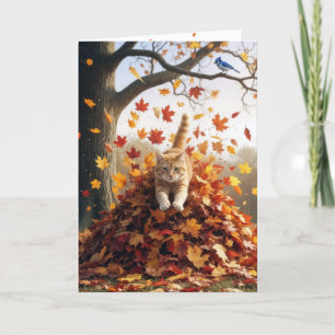 Geburtstags-Ingwer-Katze im Herbst Leaf Pile Karte