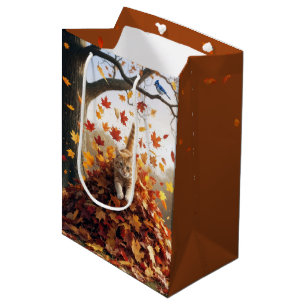 Geburtstags-Ingwer-Katze im Herbst Leaf Pile Mittlere Geschenktüte