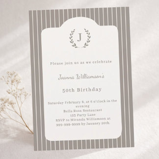 Geburtstags Ivory Taupe Neutrale Pinstrip Monogram Einladung