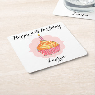 Geburtstags-Kuchen-Rosa personalisiert Rechteckiger Pappuntersetzer