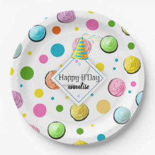 Geburtstags-Kuchen-und Punkt-Monogramm Pappteller