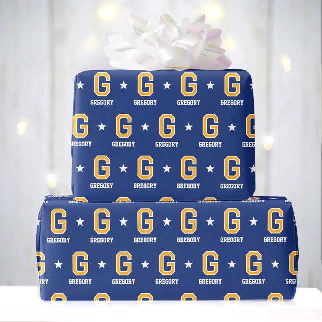 Geburtstags-Monogramm Retro Varsity Navy Gold Benu Geschenkpapier (Von Creator hochgeladen)