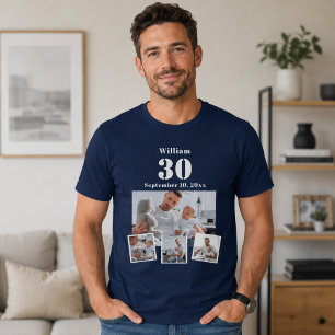 Geburtstags-Name-Alter-Fotocollage blau T-Shirt