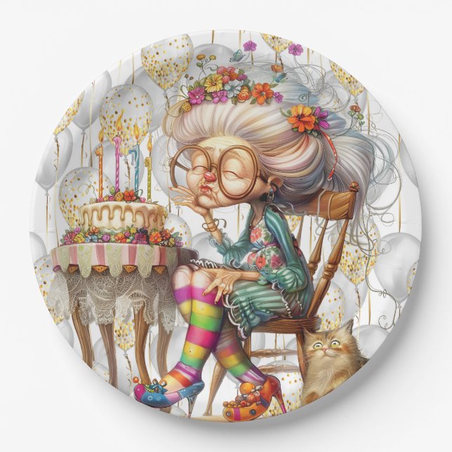 Geburtstags-Oma mit Partyballons Pappteller (Vorderseite)