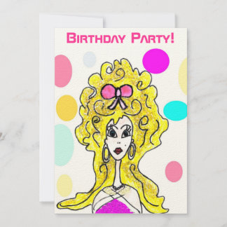 Geburtstags-Party-große Haar-Dame Cartoon Einladung
