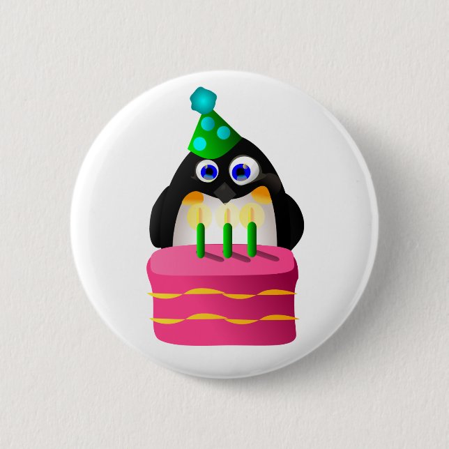 Geburtstags-Pinguin mit Kuchen Button (Vorderseite)