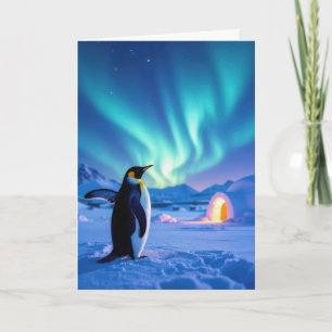 Geburtstags-Pinguin unter dem Nordlicht Karte
