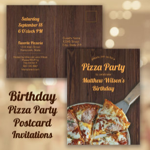 Geburtstags-Pizza-Party Rustikale Holz-Postkarte Postkarte