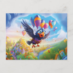 Geburtstags-Rabe mit Ballons und Fantasy-Schloss L Postkarte