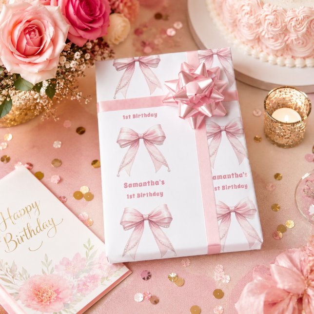 Geburtstags-Rosabogen-Perlen Mädchen Geschenkpapier (Von Creator hochgeladen)