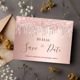 Geburtstags-Rose Gold Glitzer Save the Date Silber Postkarte
