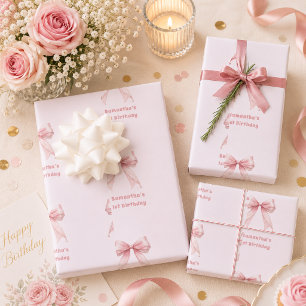 Geburtstags-Rosé-Schleife weiß Mädchen Geschenkpapier Set