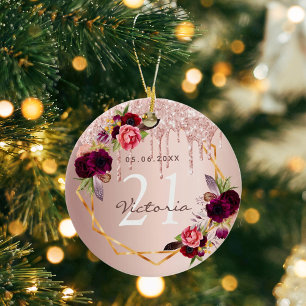 Geburtstags-Roségold-Bordeaux-Blumen-Tropfen Keramik Ornament