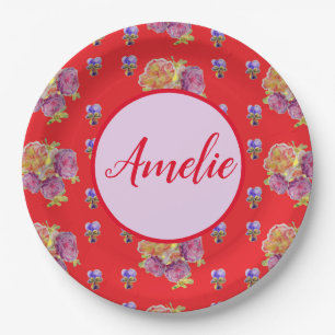 Geburtstags-Rote-Rose-Rosen-Vintage-Blume-Blumen Pappteller