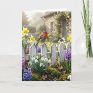 Geburtstags-Rotkehlchen auf einem Gartenzaun Karte