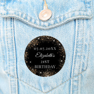 Geburtstags-Schwarz-Gold-Glitter-Name-Datum Button
