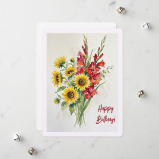 Geburtstags-Sonnenblumen-Aquarell-Blumen-Rote Glad Feiertagskarte
