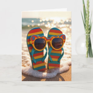Geburtstags-Sonnenbrille auf Flip-Flops in der Bra Karte