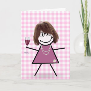 Geburtstags-Stick-Girl mit Rotwein Karte