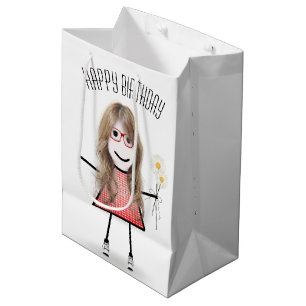 Geburtstags-Strichfigur-Mädchen mit Daisy Bouquet Mittlere Geschenktüte