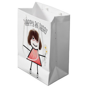 Geburtstags-Strichfigur-Mädchen mit Daisy Bouquet Mittlere Geschenktüte