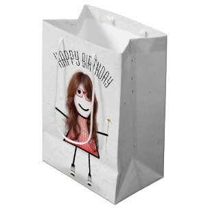 Geburtstags-Strichfigur-Mädchen mit Daisy Mittlere Geschenktüte