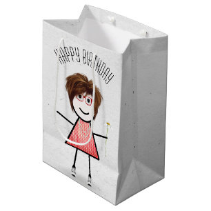 Geburtstags-Strichfigur-Mädchen mit Daisy Mittlere Geschenktüte