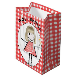 Geburtstags-Strichmädchen in Sneakern auf Gingham  Mittlere Geschenktüte