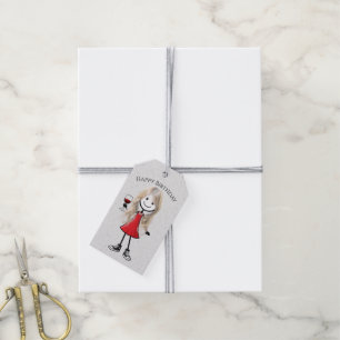 Geburtstags-Strichmännchen-Mädchen mit Weinglas Geschenkanhänger