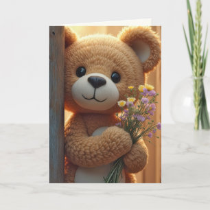 Geburtstags-Teddybär mit Wildblumenstrauß Karte