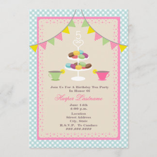 Geburtstags-Tee-Party + Macarons Einladung - Blau