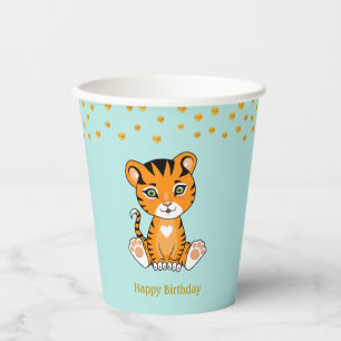 Geburtstags-Tiger-Cartoon & Goldene Konfetti-Party Pappbecher