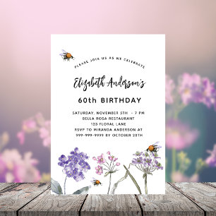 Geburtstags-Wildblumen violett rosa Bienen Einladungspostkarte